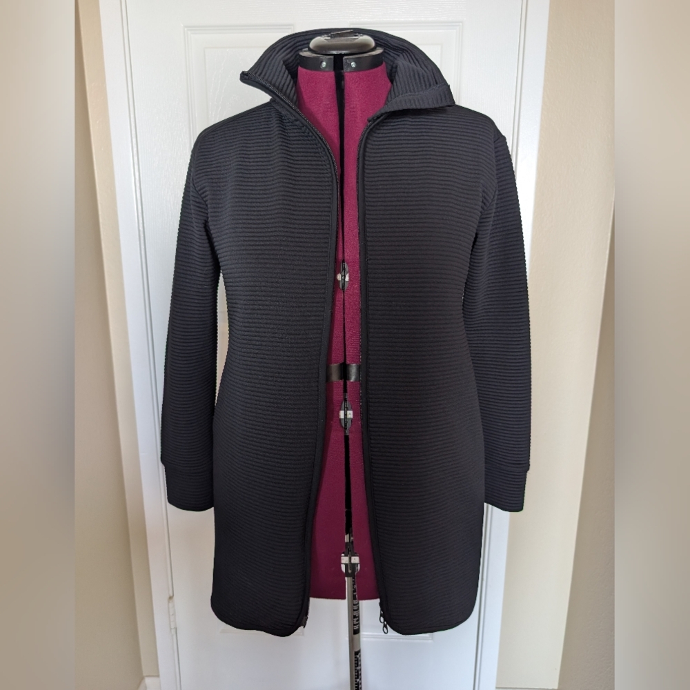 MPG Black Ribbed Open-Front Trench Coat with Stand Collar